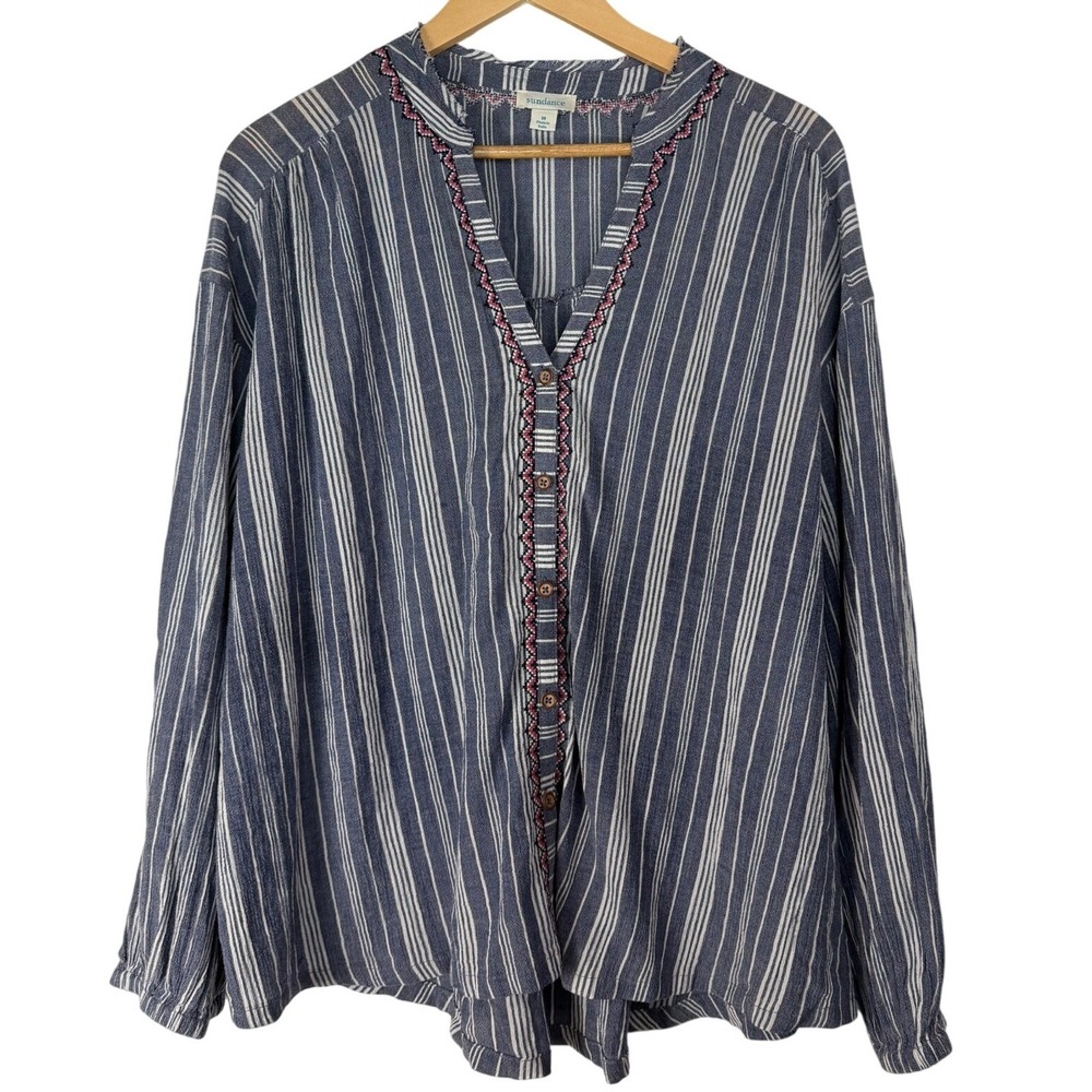 Sundance Blue White Striped Embroidered Button Down Blouse Womens Med Boho Chic